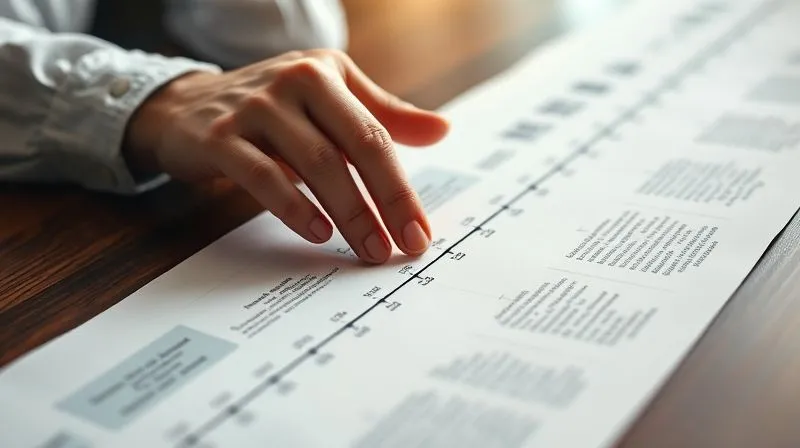 A photorealistic image of a detailed timeline laid out on a table, with small, distinct markers for events and dates. A hand is gently tracing a path along the timeline. Soft, natural light, sharp focus on the timeline, depth of field, 8K hyper-detailed, shot on a high-end DSLR, symbolizing meticulous reconstruction of events.