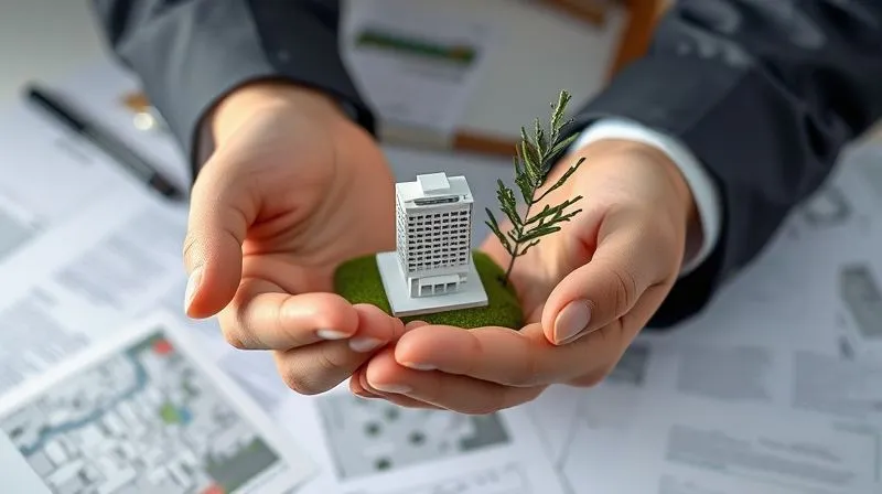 A photorealistic image depicting two hands, one representing urban development (holding a small model building), the other representing nature (holding a delicate sapling), delicately balanced on a legal scale, with a complex, blurred background of legal documents and natural landscapes. Cinematic lighting, sharp focus on the hands, 8K hyper-detailed.