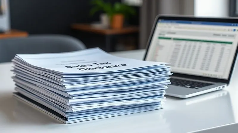 A photorealistic, professional photography, 8K image of a neatly organized stack of financial documents, folders labeled 'Sales Tax Disclosure', and a modern laptop displaying a spreadsheet. The items are arranged on a clean desk with cinematic lighting, sharp focus on the documents, depth of field blurring the background, conveying readiness for submission. Shot on a high-end DSLR.