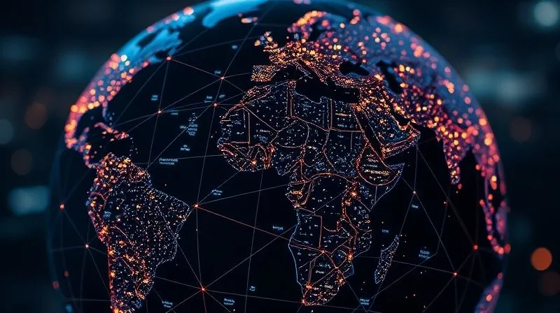 A photorealistic intricate network of glowing lines connecting major world cities on a digital globe, symbolizing global interconnectedness and communication, 8K, cinematic lighting, sharp focus, depth of field.