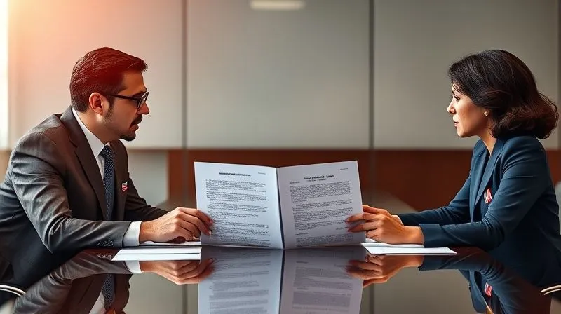 A photorealistic image of two diverse diplomats, one male, one female, seated at a polished conference table, engaged in intense but respectful dialogue, with subtle national flag motifs on their attire, a complex international treaty document open between them. Cinematic lighting, sharp focus on their expressions, depth of field blurring the background, 8K hyper-detailed, professional photography.