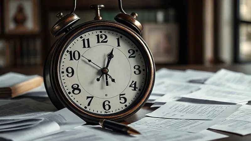 A photorealistic image of a large antique clock with its hands positioned at a crucial time, surrounded by scattered legal documents and a pen. The scene suggests a race against time and important deadlines in a professional setting. 8K, cinematic lighting, sharp focus on the clock, depth of field, shot on a high-end DSLR.