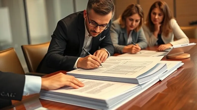 A photorealistic, professional photography image of a legal team intently reviewing a stack of complex non-compete agreements on a conference table. One lawyer points to a specific clause with a pen, while others lean in, their faces showing concentration. The scene is lit with warm, cinematic lighting, sharp focus on the documents, depth of field blurring the background. 8K hyper-detailed, shot on a high-end DSLR.