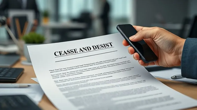 A photorealistic, professional photography image of a legal document titled 'Cease and Desist' prominently displayed on a desk, with a hand reaching for a phone to call legal counsel. The background shows a modern office environment, slightly blurred with depth of field. Cinematic lighting highlights the urgency of the document. 8K hyper-detailed, shot on a high-end DSLR.
