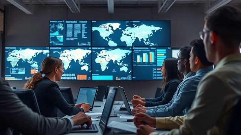 A diverse team of legal and tech professionals in a modern, collaborative office, intently analyzing multiple screens displaying legal documents, global maps with highlighted regions, and data trends. The atmosphere is focused and proactive, with cinematic lighting emphasizing their serious work. Photorealistic, professional photography, 8K, sharp focus on the team, depth of field, shot on a high-end DSLR.