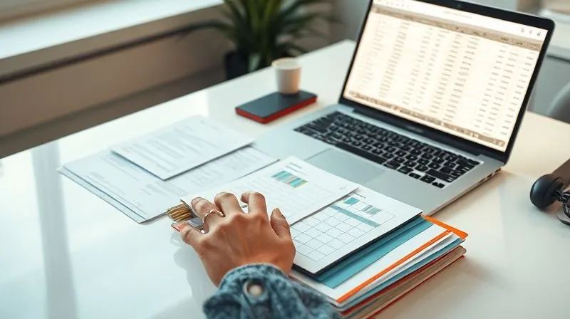 A photorealistic image of a person meticulously organizing financial documents and receipts in labeled folders on a clean desk, with a laptop open to a spreadsheet, warm natural light, professional photography, 8K, cinematic lighting, sharp focus, depth of field.