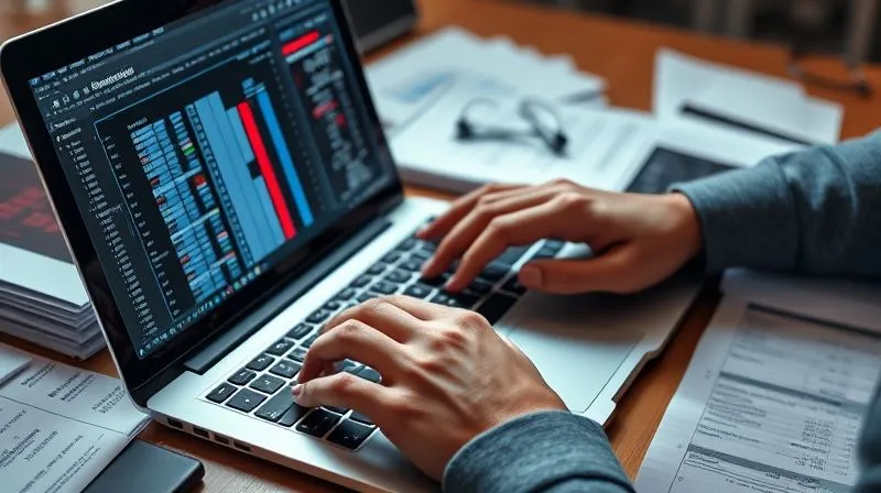 A photorealistic, professional photography, 8K, cinematic lighting, sharp focus, depth of field, shot on a high-end DSLR. Image of a person's hands meticulously entering data into a financial software interface on a laptop, surrounded by neatly stacked tax documents and receipts, emphasizing precision and digital organization.