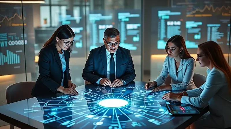 A photorealistic image of a diverse team of professionals (lawyer, cybersecurity expert, financial analyst) intensely collaborating around a large illuminated digital table showing a complex network of data and transactions. The scene is dynamic and high-tech, with cinematic lighting. 8K hyper-detailed, professional photography, shot on a high-end DSLR.