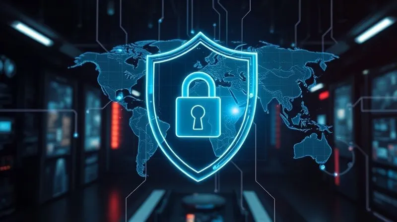 A photorealistic image of a futuristic digital shield protecting a network of global connections, with biometric locks and secure data streams. The background shows a dimly lit, high-tech control room, symbolizing advanced cyber defense. 8K hyper-detailed, professional photography, shot on a high-end DSLR.