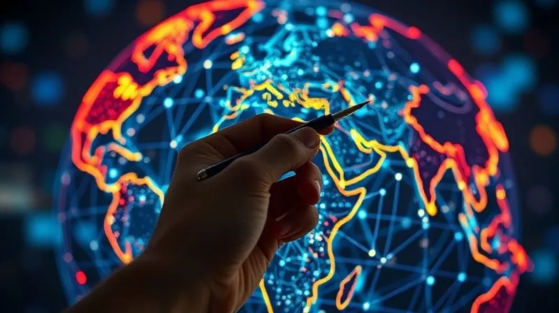 A photorealistic, professional photography of a digital globe with glowing network lines, where some regions are highlighted in a distinct color, symbolizing varied net neutrality regulations. A hand with a stylus points to a specific region, emphasizing jurisdictional differences. 8K, cinematic lighting, sharp focus, depth of field.