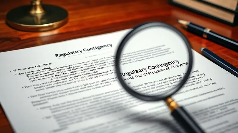 A photorealistic, professional photography of a complex legal document with sections highlighted, and a magnifying glass over a clause labeled 'Regulatory Contingency'. The scene is set on a polished wooden desk with a subtle light source, conveying professionalism and scrutiny. 8K, cinematic lighting, sharp focus, depth of field.