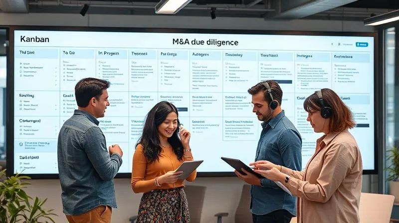 A photorealistic image of a modern, collaborative workspace with a large digital Kanban board displaying "To Do," "In Progress," and "Done" columns for M&A due diligence tasks. A diverse team is seen interacting efficiently, some using headsets for calls, others reviewing documents on tablets, emphasizing streamlined communication. Cinematic lighting, sharp focus on the digital board and team, depth of field, 8K, professional photography.