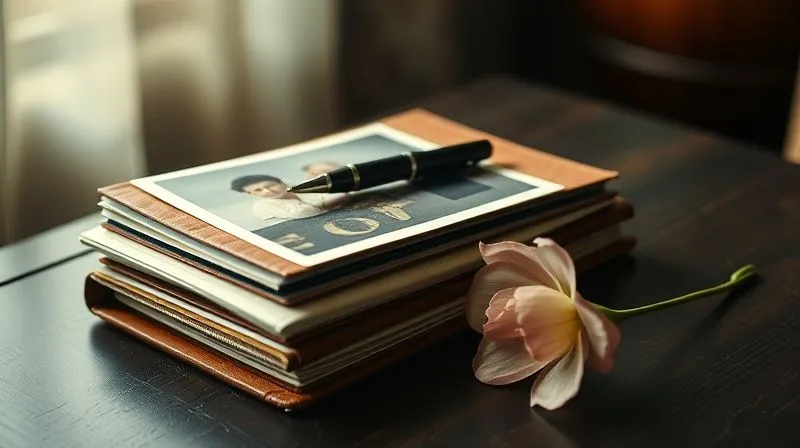 photorealistic, professional photography, 8K, cinematic lighting, sharp focus, depth of field, shot on a high-end DSLR. A stack of old, slightly worn family photographs, a leather-bound journal with a pen resting on it, and a delicate, pressed flower, all artfully arranged on a dark wooden table. Soft, warm light illuminates the items, creating a sense of cherished memories and profound loss. The background is softly blurred, evoking a home setting.