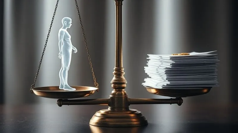photorealistic, professional photography, 8K, cinematic lighting, sharp focus, depth of field, shot on a high-end DSLR. A delicate, transparent human silhouette, with light passing through it, standing on one side of an old, balanced brass scale. On the other side, a stack of legal documents and a small pile of gold coins. The scene is bathed in soft, ethereal light, symbolizing the challenge of weighing intangible human value against monetary compensation in a legal context. The background is blurred, suggesting a solemn, contemplative atmosphere.