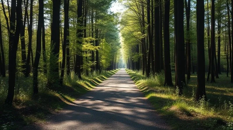 photorealistic, professional photography, 8K, cinematic lighting, sharp focus, depth of field, shot on a high-end DSLR. A serene and hopeful path leading through a sun-dappled forest, with gentle light filtering through the trees. The path is clear and inviting, symbolizing healing, moving forward, and finding peace after profound loss. The atmosphere is quiet, contemplative, and imbued with a sense of renewal.