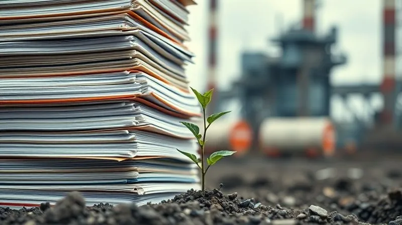 Photorealistic, professional photography, 8K, cinematic lighting, sharp focus, depth of field, shot on a high-end DSLR. A towering stack of complex legal documents or binders, with a single, fragile seedling trying to grow through the cracks. The background is a slightly blurred, distressed industrial landscape. The image should convey the immense legal burden and the delicate balance of environmental compliance, with a sense of urgent vulnerability and the need for strategic navigation.