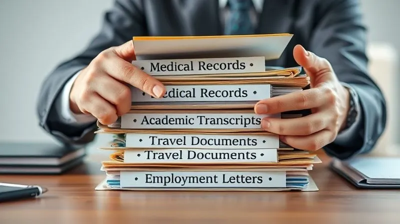 A well-organized desk with neatly stacked folders labeled 'Medical Records,' 'Academic Transcripts,' 'Travel Documents,' and 'Employment Letters,' with a professional's hands pointing to a specific folder. Photorealistic, professional photography, 8K, cinematic lighting, sharp focus, depth of field, shot on a high-end DSLR.