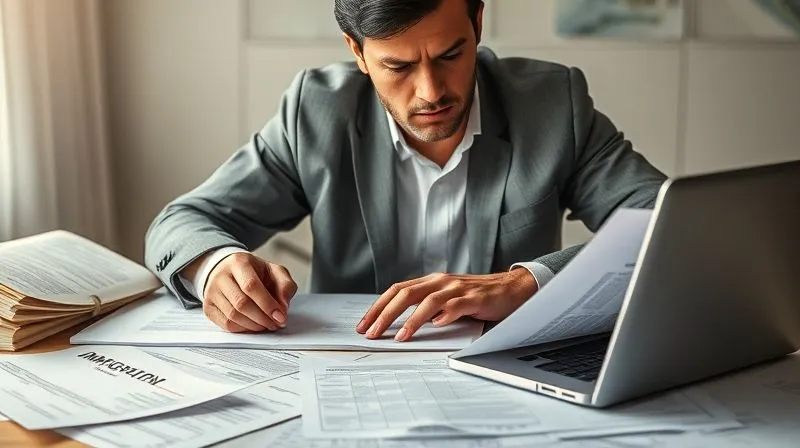 A professional person, with a determined expression, reviewing documents and typing on a laptop, surrounded by legal texts and immigration forms, signifying meticulous preparation for a follow-up. Photorealistic, professional photography, 8K, cinematic lighting, sharp focus, depth of field, shot on a high-end DSLR.