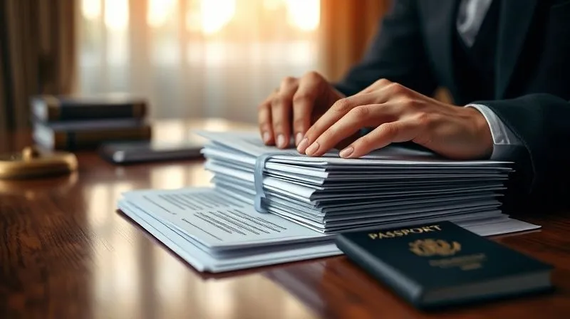 A photorealistic, close-up shot of a lawyer's hands meticulously arranging a stack of official-looking documents, legal forms, and a passport on a polished wooden desk. The background is softly blurred, showing an office environment with a subtle glow from a window, emphasizing precision and the gravity of the task. 8K, cinematic lighting, sharp focus.