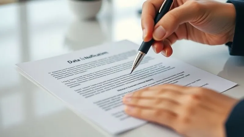 A photorealistic, close-up shot of a professional hand holding a pen, poised over a meticulously drafted data breach notification letter on a pristine white desk. The letter features clear, empathetic language, with key sections highlighted. A subtle, blurred background shows a modern office, emphasizing precision and professionalism. Cinematic lighting, sharp focus on the letter and hand, depth of field, 8K hyper-detailed, shot on a high-end DSLR.