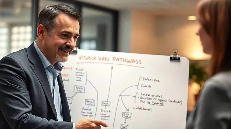 A photorealistic, professional photography shot of an immigration lawyer, with a warm and understanding expression, using a clear, simple whiteboard diagram to explain complex visa pathways to a client. The client is leaning forward, engaged and attentive, absorbing the visual explanation. Cinematic lighting highlights the clarity of the diagram and the empathy in the lawyer's eyes. Sharp focus on the interaction, with a modern office setting blurred in the background. 8K hyper-detailed, shot on a high-end DSLR.