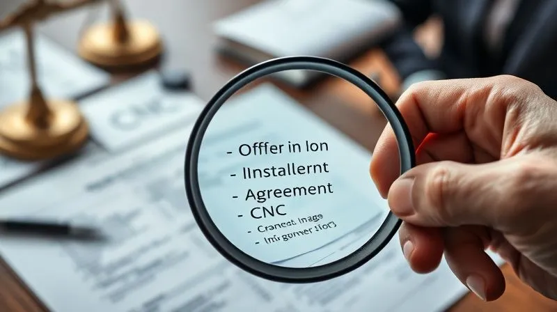 photorealistic, professional photography, 8K, cinematic lighting, sharp focus, depth of field, shot on a high-end DSLR. A professional hand holds a magnifying glass over a complex financial document, with various strategic options (e.g., 'Offer in Compromise,' 'Installment Agreement,' 'CNC') highlighted. The background shows a blurred, but organized, legal office, emphasizing detailed analysis and strategic planning.