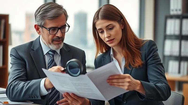 photorealistic, professional photography, 8K, cinematic lighting, sharp focus, depth of field, shot on a high-end DSLR. Two legal professionals, one seasoned and one younger, are engaged in a serious discussion in a modern, well-lit law office. They are looking at a legal document with a magnifying glass, symbolizing meticulous review and mentorship. The background is a soft blur of legal texts and a cityscape, conveying expertise and professional responsibility.