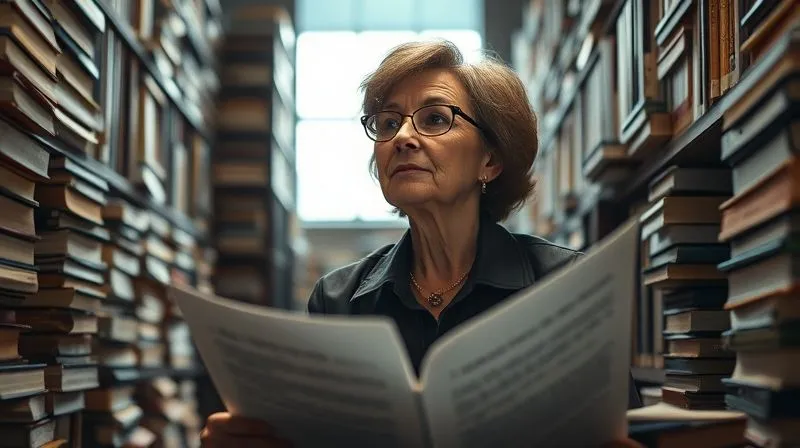 Photorealistic image of a determined legal researcher, possibly Dr. Evelyn Reed, sitting in a library or archive, surrounded by stacks of legal texts and documents. She is looking up from a complex legal brief with a look of resolute focus, a subtle ray of light highlighting her face. Cinematic lighting, sharp focus on the researcher's face and the document, depth of field blurring the background of books, 8K hyper-detailed, shot on a high-end DSLR, professional photography.