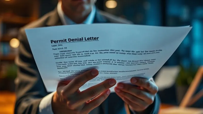 A photorealistic image of a focused professional, possibly an environmental lawyer or consultant, meticulously reviewing a document titled 'Permit Denial Letter' with highlighted sections and annotations, cinematic lighting, sharp focus on the document and reviewer's hands, depth of field blurring a background office setting, 8K hyper-detailed, shot on a high-end DSLR.