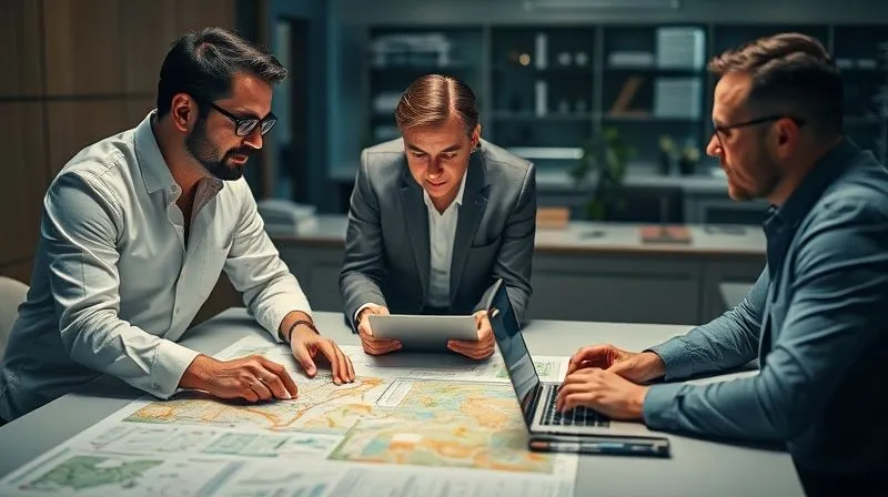 A photorealistic image of three professionals – an environmental scientist, a legal expert, and a project manager – intensely collaborating around a table covered with maps, technical reports, and a laptop displaying data visualizations, cinematic lighting, sharp focus on their interaction and the documents, depth of field blurring the background, 8K hyper-detailed, shot on a high-end DSLR.