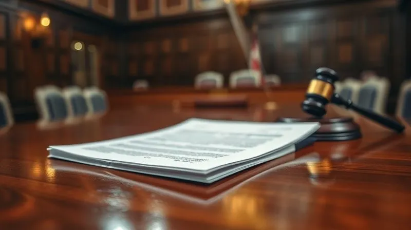 A photorealistic image of a legal brief or court document resting on a polished wooden table in a formal courtroom setting, with a judge's gavel subtly in the background, cinematic lighting, sharp focus on the document, depth of field blurring the courtroom, 8K hyper-detailed, shot on a high-end DSLR.