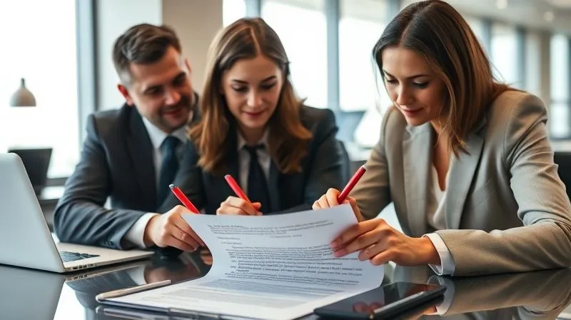 A photorealistic image of a legal team meticulously reviewing a denial letter, highlighting key sections with red pens, in a professional, modern office setting. Cinematic lighting, sharp focus on the documents, depth of field. 8K hyper-detailed, professional photography.