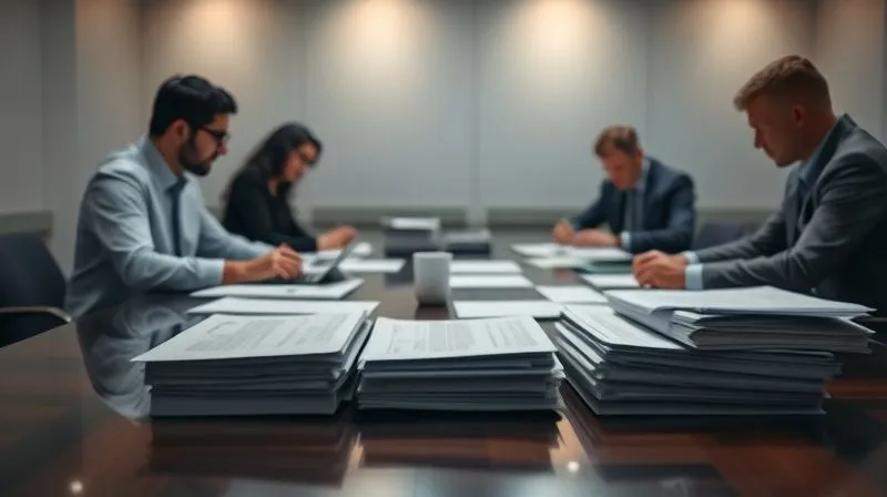 A photorealistic image of a legal team meticulously reviewing stacks of documents and digital files on a large conference table, illuminated by cinematic lighting, sharp focus on the documents, depth of field, 8K hyper-detailed.