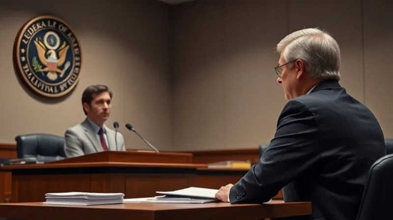 A photorealistic, professional photography image depicting a formal yet accessible administrative hearing setting. A person in professional attire is speaking confidently at a podium or table, facing an Administrative Law Judge (ALJ) who is listening intently. The room has muted tones, subtle federal seal on the wall, and documents neatly stacked. Cinematic lighting, sharp focus on the speaker and ALJ, depth of field blurring the background, 8K hyper-detailed.