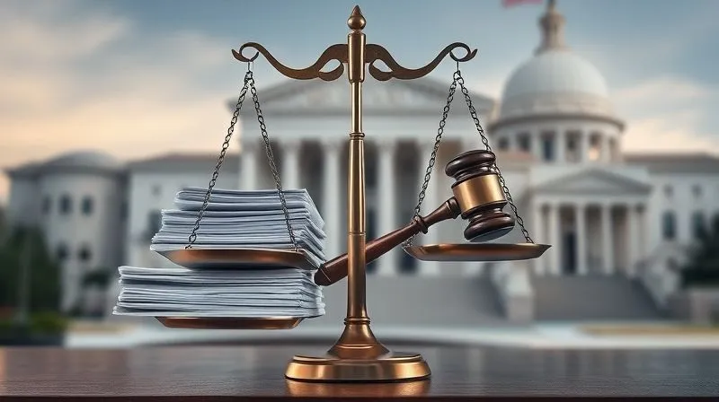 A stylized, photorealistic, professional photography image of legal scales, perfectly balanced, with a stack of federal agency documents on one side and a court gavel on the other. In the background, subtly blurred, are classic government buildings and a courthouse. Cinematic lighting, sharp focus on the scales and objects, depth of field creating a sense of legal gravity, 8K hyper-detailed.