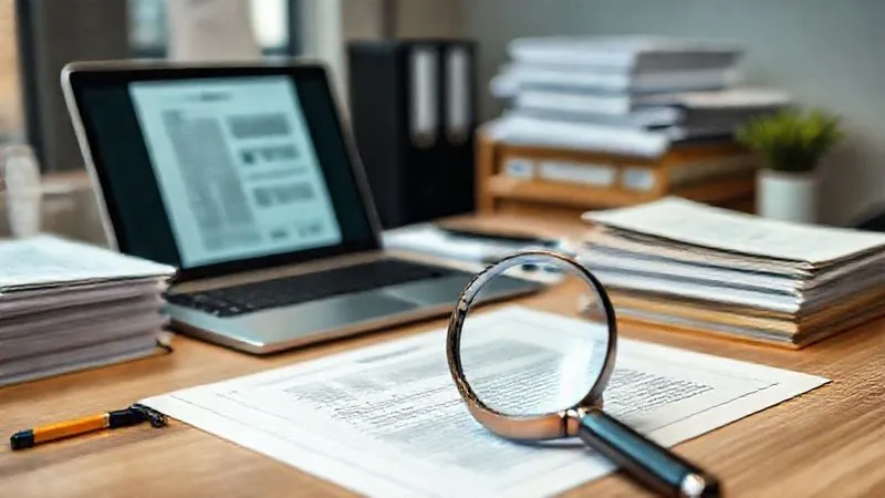A photorealistic image of an organized desk with neatly stacked files, a laptop displaying a digital document, and a magnifying glass over a critical piece of paper, all under soft, professional lighting. Sharp focus on the documents, depth of field blurring the office background, 8K hyper-detailed, professional photography, shot on a high-end DSLR.