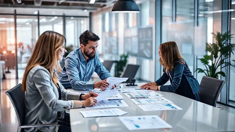 A photorealistic image of a professional team in a modern office collaborating around a table, reviewing compliance documents and digital dashboards, with one person pointing to a potential risk area. Bright, collaborative atmosphere, sharp focus, depth of field, 8K hyper-detailed, professional photography, shot on a high-end DSLR.