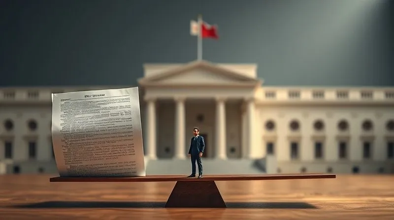 A photorealistic image depicting a balance scale, with intricate legal documents and a small, lone figure on one side, and a large, imposing, abstract government building with official seals on the other. The scale is slightly tipped towards the figure, suggesting a potential for balance. Cinematic lighting, sharp focus, 8K hyper-detailed, depth of field blurring the background, shot on a high-end DSLR.