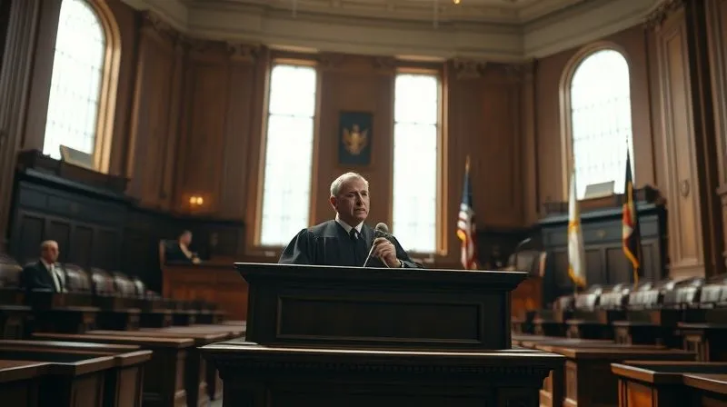 A photorealistic, dramatic image of a federal courtroom, with a judge seated prominently on the bench, gavel in hand. The focus is on the gravitas of the judicial process, with soft, natural light filtering through tall windows. Sharp focus on the judge, depth of field blurring the background of benches and flags. 8K hyper-detailed, shot on a high-end DSLR.