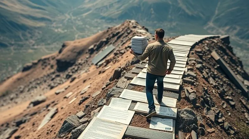 A photorealistic image of a person meticulously climbing a steep, winding path towards a distant, clear horizon, holding a well-organized stack of documents. The path is made of abstract legal texts and regulations, symbolizing the challenging journey. Cinematic lighting, sharp focus on the climber, depth of field blurring the complex background. 8K hyper-detailed, shot on a high-end DSLR.
