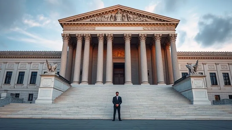 A photorealistic image of a federal courthouse exterior, grand and imposing, with a single, determined individual standing at the base of the steps, symbolizing the pursuit of justice through judicial review. Professional photography, 8K, cinematic lighting, sharp focus, depth of field, shot on a high-end DSLR.