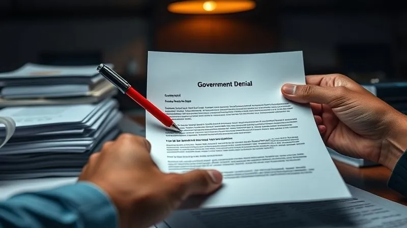 A photorealistic image of a person's hands meticulously examining a government denial letter with a red pen, highlighting key sections. The background shows a dimly lit office with stacks of legal documents, symbolizing thorough review. Professional photography, 8K, cinematic lighting, sharp focus on the letter and pen, depth of field blurring the background, shot on a high-end DSLR.