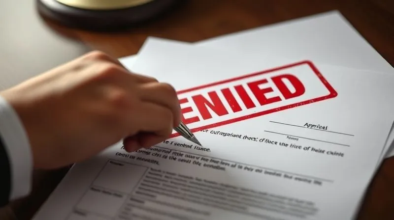 A photorealistic image of a legal document with a red stamp "DENIED" and a hand carefully filling out an appeal form, symbolizing a second chance through diligent process, 8K, cinematic lighting, sharp focus, depth of field, shot on a high-end DSLR.