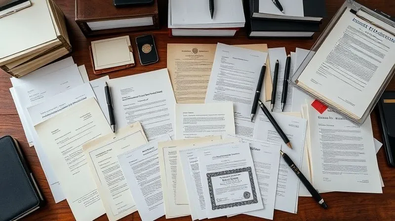 A photorealistic image of a collection of diverse documents, including personal letters, certificates, and official records, neatly organized on a wooden desk, symbolizing comprehensive evidence gathering, 8K, cinematic lighting, sharp focus, depth of field, shot on a high-end DSLR.