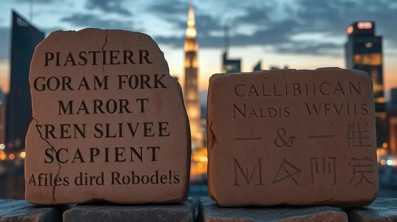 A photorealistic image of two ancient, weathered stone tablets, one cracked but clearly legible with classical script, the other showing faint, eroded carvings, juxtaposed against a background of a bustling, futuristic city skyline at dusk. Cinematic lighting, sharp focus on the tablets, depth of field blurring the background, 8K hyper-detailed, professional photography, shot on a high-end DSLR, conveying a sense of enduring principles meeting modern complexity.