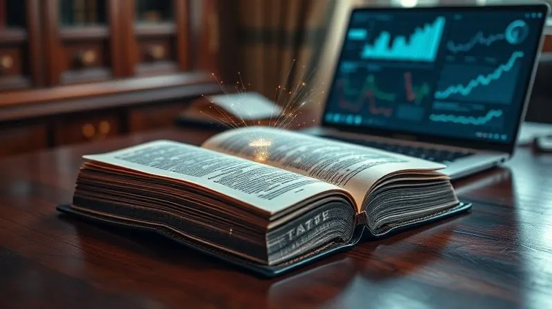A photorealistic image of an open, ancient leather-bound law book on a polished mahogany desk, with subtle, glowing digital data streams emanating from its pages, reaching towards a modern, sleek laptop displaying complex legal charts and graphs. Cinematic lighting, sharp focus on the blend of old and new, depth of field blurring a background of diverse legal professionals collaborating, 8K hyper-detailed, professional photography, shot on a high-end DSLR, symbolizing the integration of historical and modern legal analysis.
