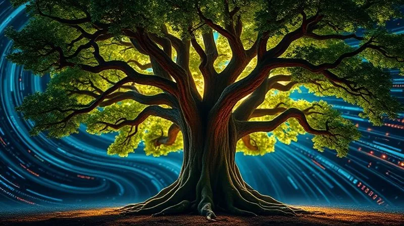 A photorealistic image showing a majestic, ancient oak tree with deep roots representing constitutional principles, standing firm against a backdrop of swirling, futuristic digital data streams and glowing holographic projections representing novel technologies. The tree is vibrant and alive, its leaves illuminated by cinematic lighting. Sharp focus on the tree, depth of field blurring the tech background. Professional photography, 8K, shot on a high-end DSLR.