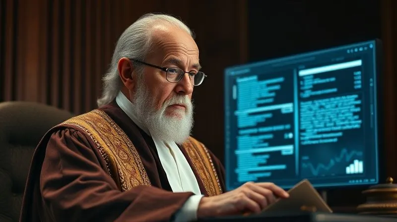 A photorealistic image of a wise, elderly judge, wearing traditional robes but with a subtle, futuristic holographic interface projected onto his desk, displaying complex legal texts and digital data. His expression is one of deep concentration and thoughtful deliberation. Cinematic lighting highlights the contrast between his traditional attire and the glowing tech. Sharp focus on the judge and the holographic interface, depth of field blurring the background. Professional photography, 8K, shot on a high-end DSLR.