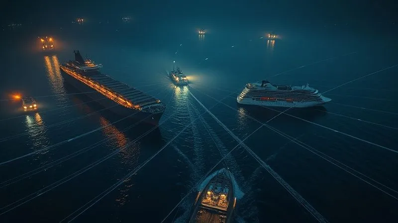 A high-angle, photorealistic view of a complex maritime traffic intersection, with multiple vessels (a large container ship, a cruise liner, and a small fishing boat) depicted in a moment of near-collision. The scene is bathed in a dramatic twilight, with navigational lights cutting through a light fog. A subtle, almost invisible, grid overlay highlights potential collision courses, emphasizing the analytical challenge. Professional photography, 8K, cinematic lighting, sharp focus on the interacting vessels, depth of field blurring the distant horizon, shot on a high-end DSLR.