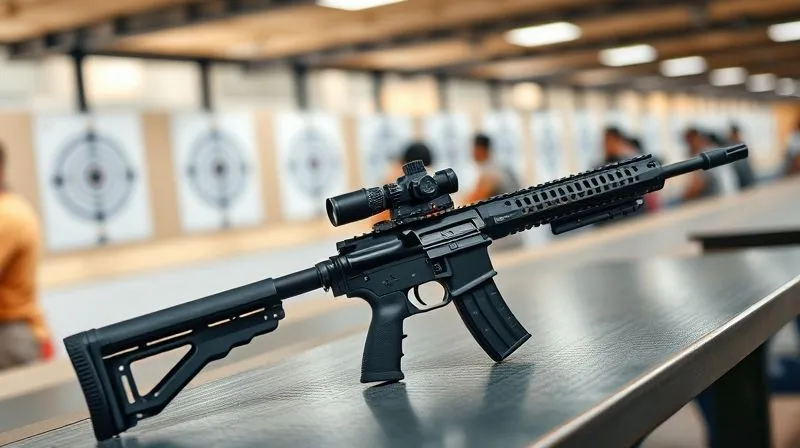 photorealistic, professional photography, 8K, cinematic lighting, sharp focus, depth of field, shot on a high-end DSLR, a modern sporting rifle (e.g., an AR-15 type) resting securely on a shooting range bench, with blurred targets and other shooters in the background, conveying responsible and common recreational use. The lighting emphasizes the craftsmanship and utility, not aggression.
